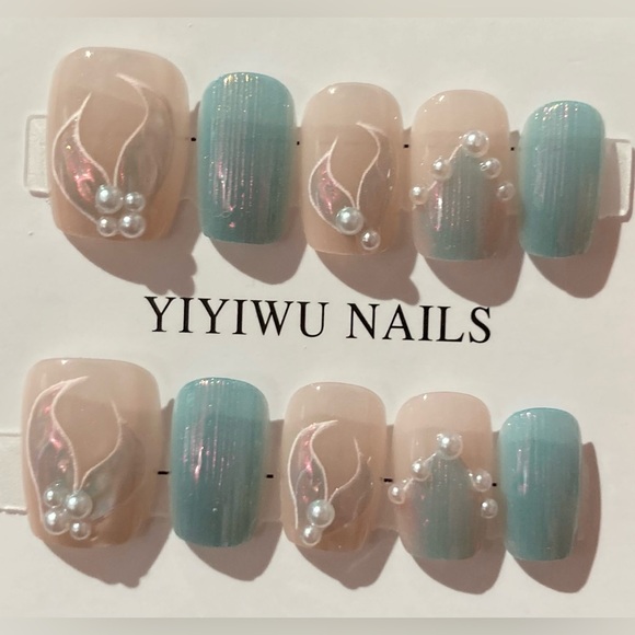 Dainty Specialty Other - [M] 10Pcs Wearable Press on Nail Full Cover Short Square Blue Shine White Pearls